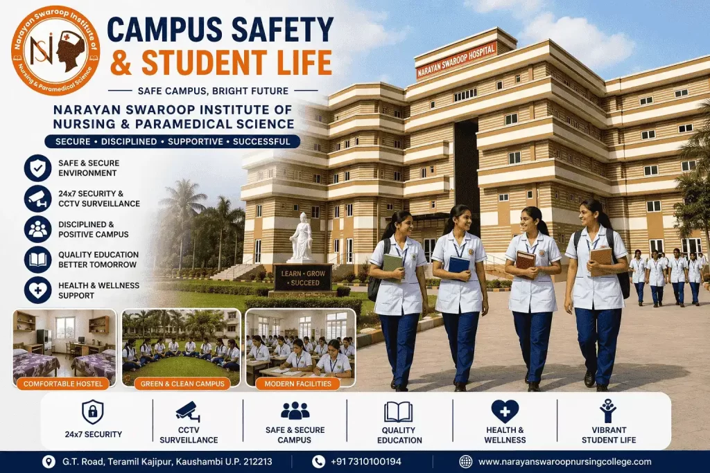 Campus Safety and Student Life at Narayan Swaroop Nursing College with secure campus, CCTV surveillance, hostel facilities, modern classrooms, and nursing students in Prayagraj.