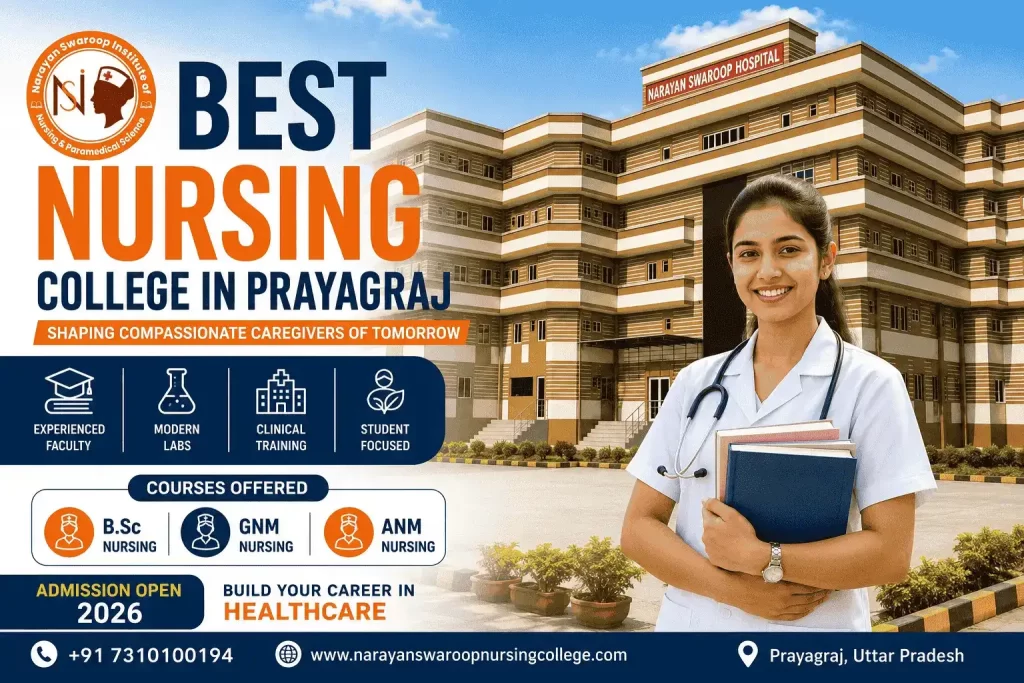 Best Nursing College in Prayagraj – Narayan Swaroop Institute of Nursing & Paramedical Science campus with nursing student, modern facilities, and Nursing Admission 2026.