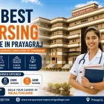 Best Nursing College in Prayagraj – Narayan Swaroop Institute of Nursing & Paramedical Science campus with nursing student, modern facilities, and Nursing Admission 2026.