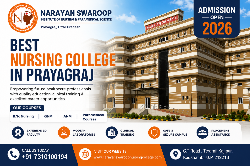 Best Nursing College in Prayagraj – Narayan Swaroop Institute of Nursing & Paramedical Science campus with modern facilities, B.Sc Nursing, GNM, ANM, and Paramedical courses, Admission Open 2026.
