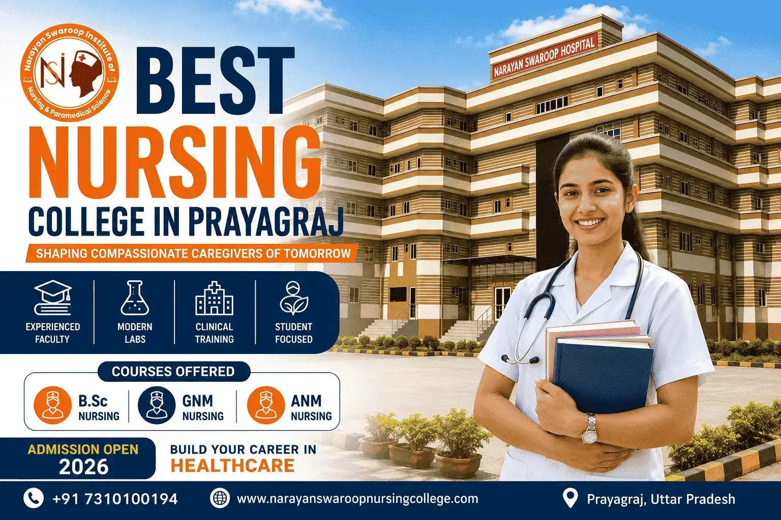 Best Nursing College in Prayagraj – Narayan Swaroop Institute of Nursing & Paramedical Science campus with nursing student, modern facilities, and Nursing Admission 2026.