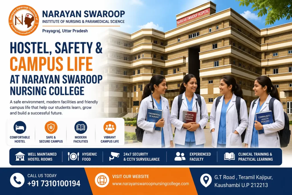 Hostel Facilities at Narayan Swaroop Nursing College featuring safe campus, comfortable hostel, modern facilities, CCTV security, and vibrant student life in Prayagraj.