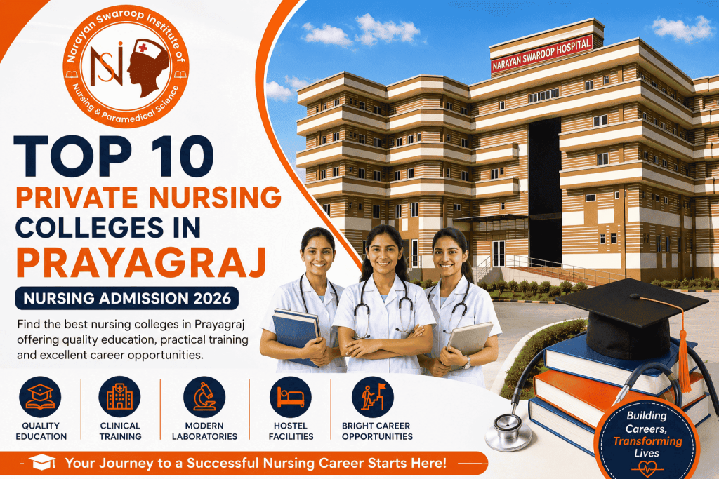 Top 10 Private Nursing Colleges in Prayagraj with Narayan Swaroop Institute of Nursing & Paramedical Science, Nursing Admission 2026, quality education, hostel facilities, and clinical training.