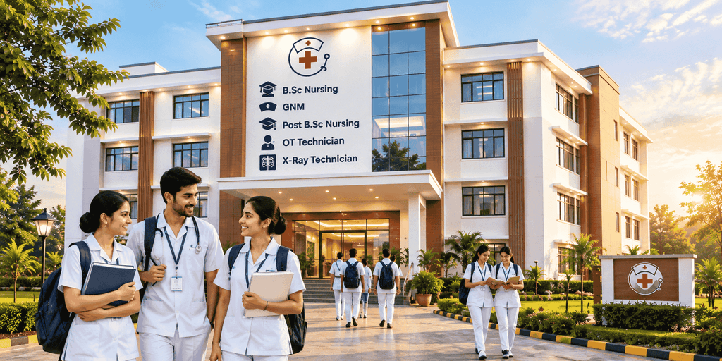 Modern nursing college building with nursing students in white uniforms walking and studying outside the campus.