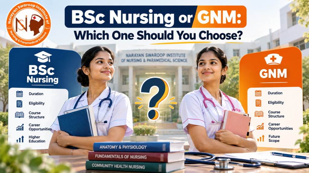 BSc Nursing vs GNM comparison showing course duration, eligibility, structure, career opportunities and higher education